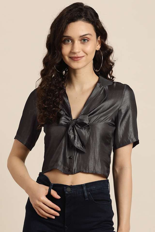 qurvii Solid Silk Collared Women Top-picture-16