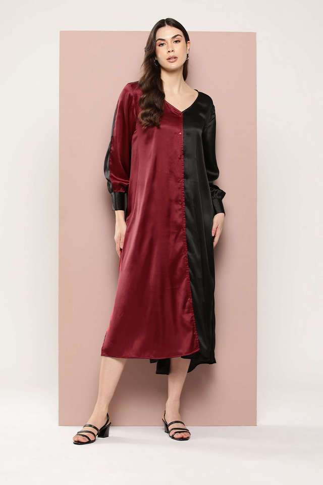qurvii Color Block V-Neck Satin Women Dress-picture-37