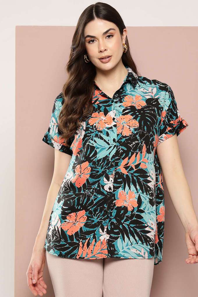 qurvii Floral Collared Crepe Women Casual Wear Shirt-picture-28