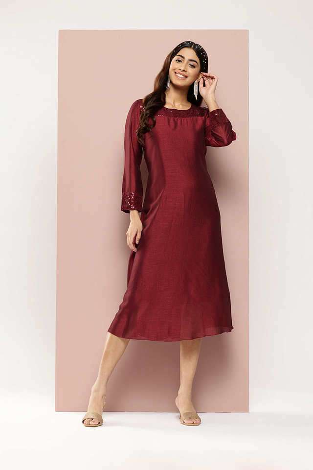 qurvii Solid Round Neck Silk Women Dress-picture-27