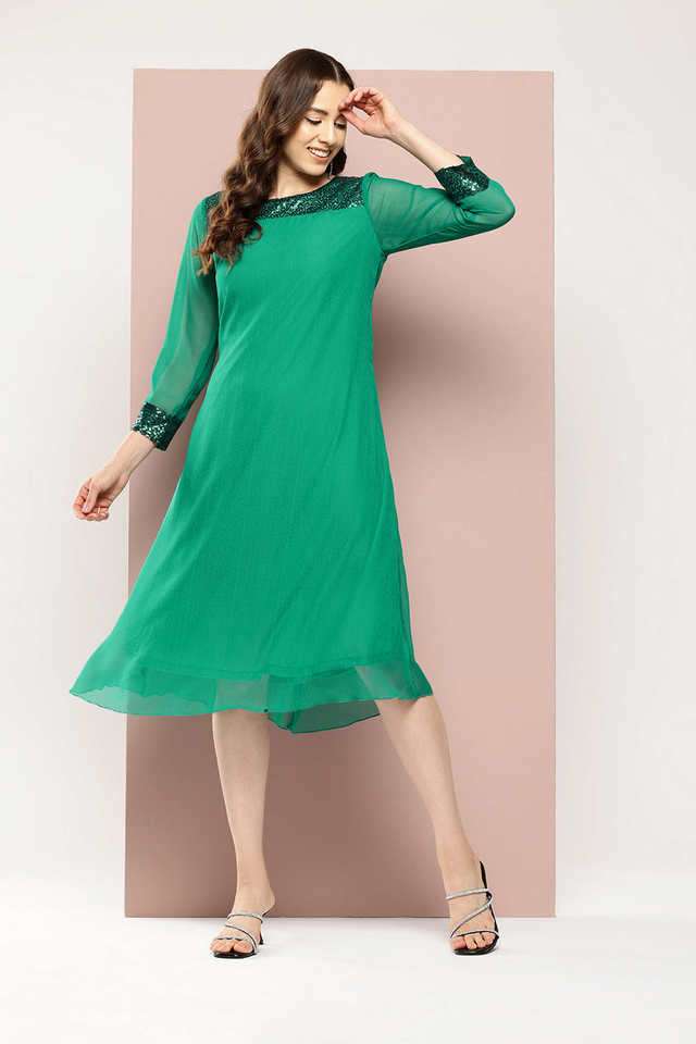 qurvii Solid Round Neck Georgette Women Dress-picture-37