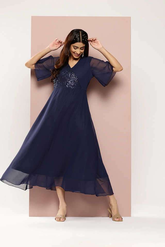 qurvii Solid V-Neck Georgette Women Dress-picture-32