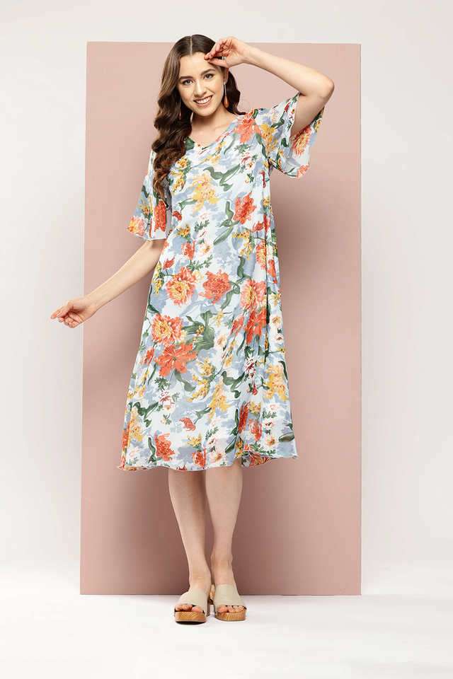 qurvii Floral V-Neck Georgette Women Dress-picture-36