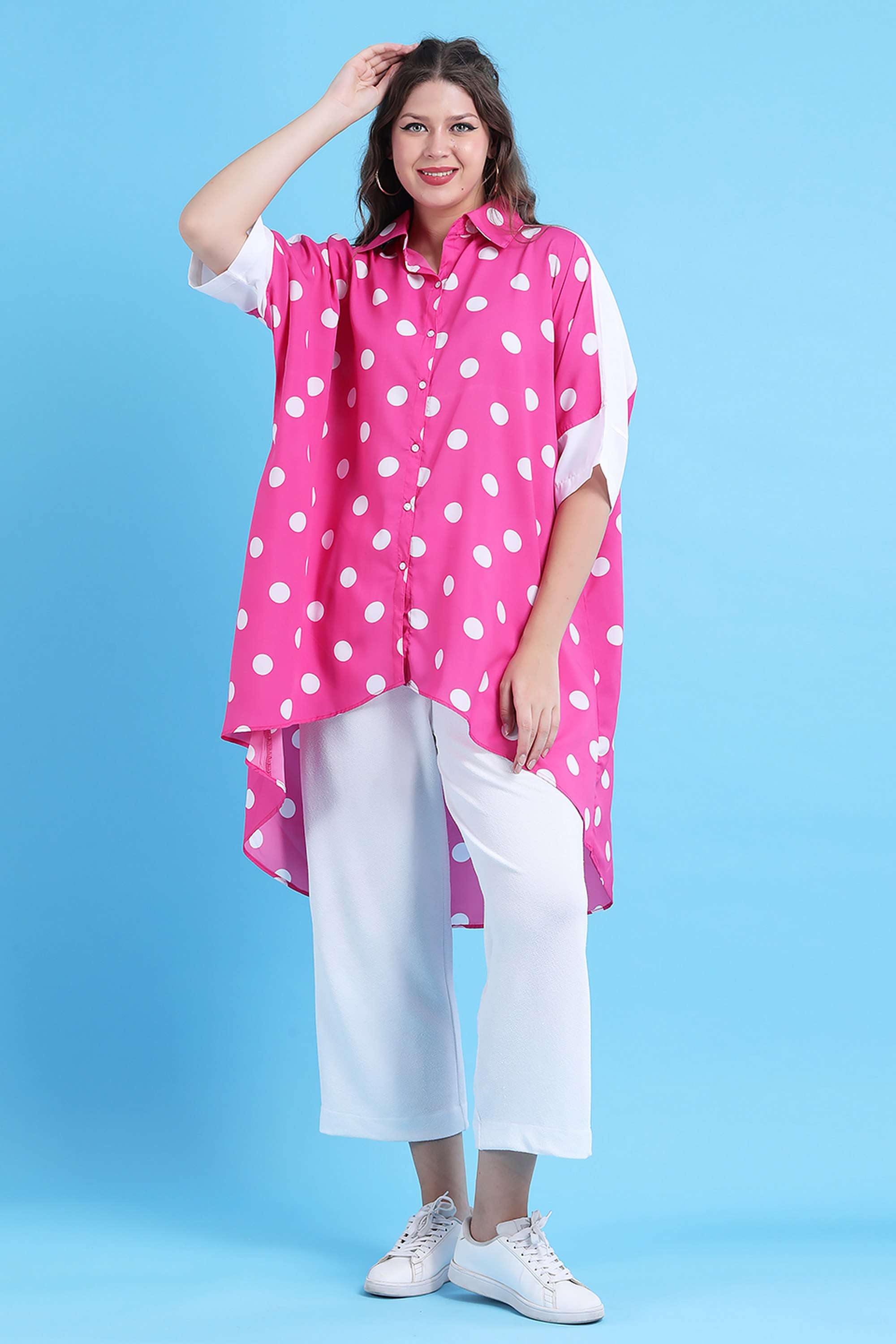 qurvii Polka Dots Collared Crepe Women Casual Wear Kaftan Shirt-picture-34