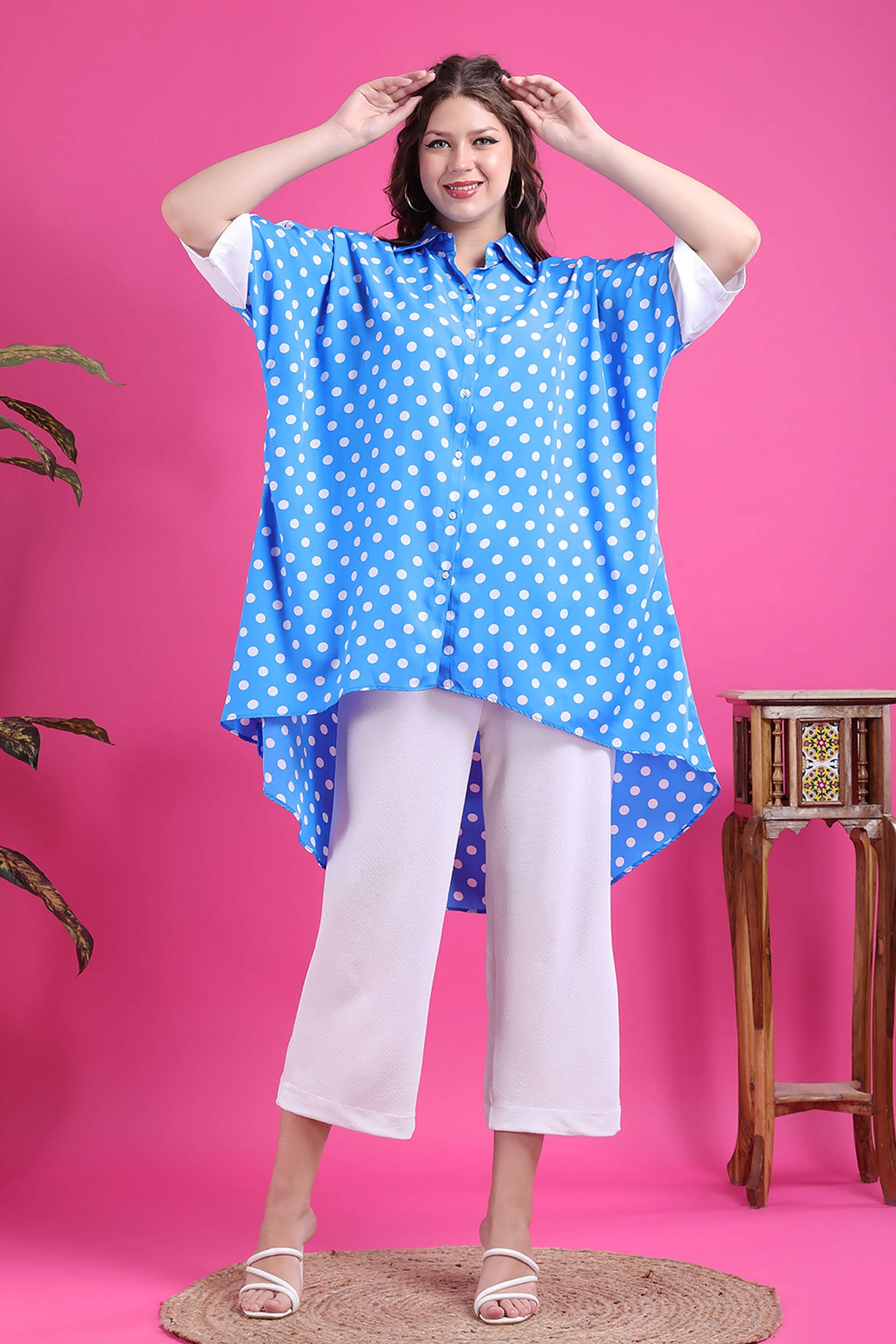 qurvii Polka Dots Collared Crepe Women Casual Wear Kaftan Shirt-picture-11