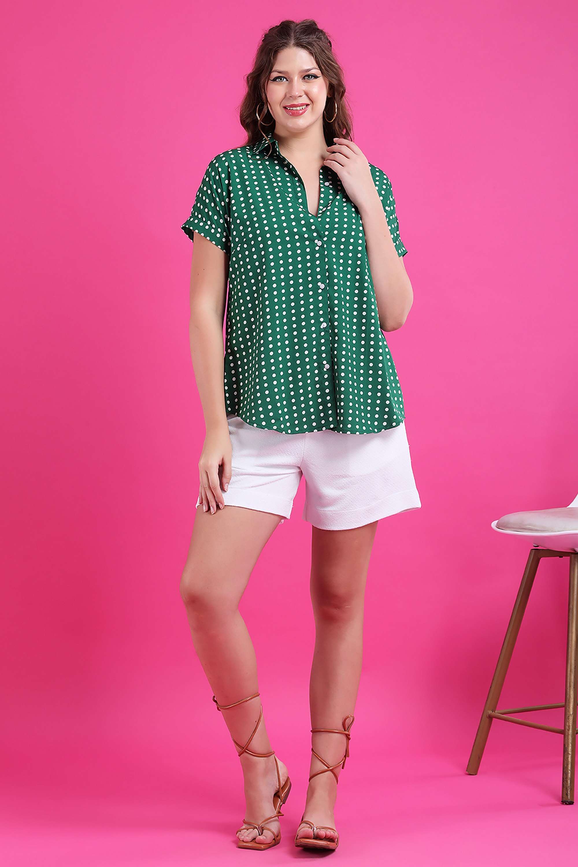 qurvii Polka Dots Collared Crepe Women Casual Wear Shirt-picture-14