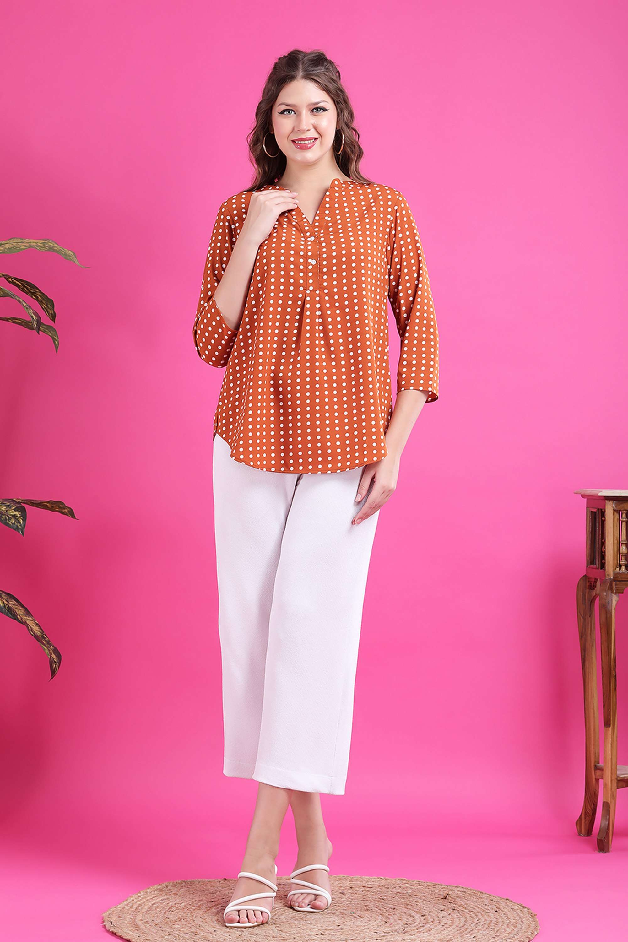 qurvii Polka Dots Crepe V-Neck Women Top-picture-23