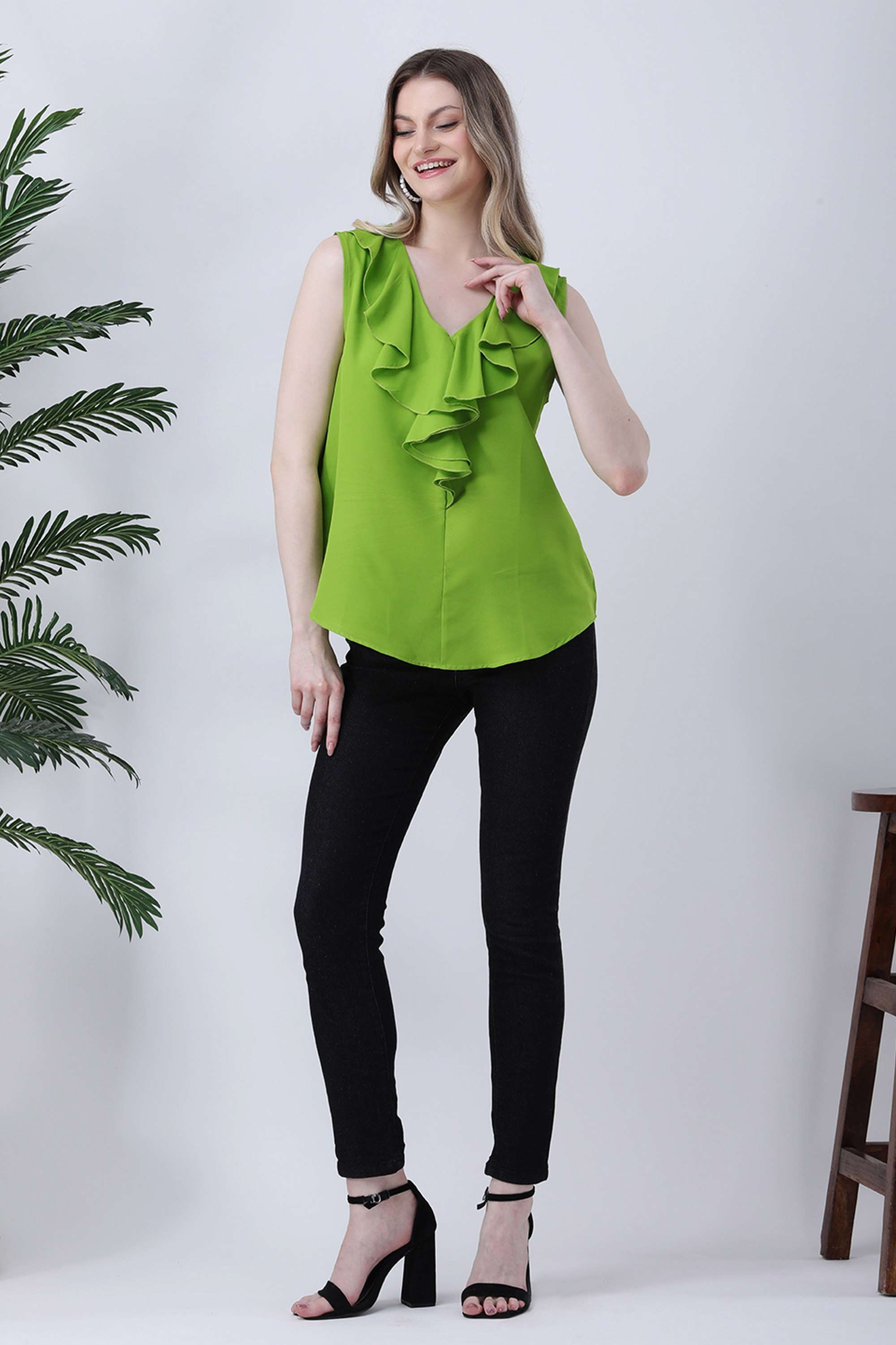 qurvii Solid Crepe V-Neck Women Top-picture-12