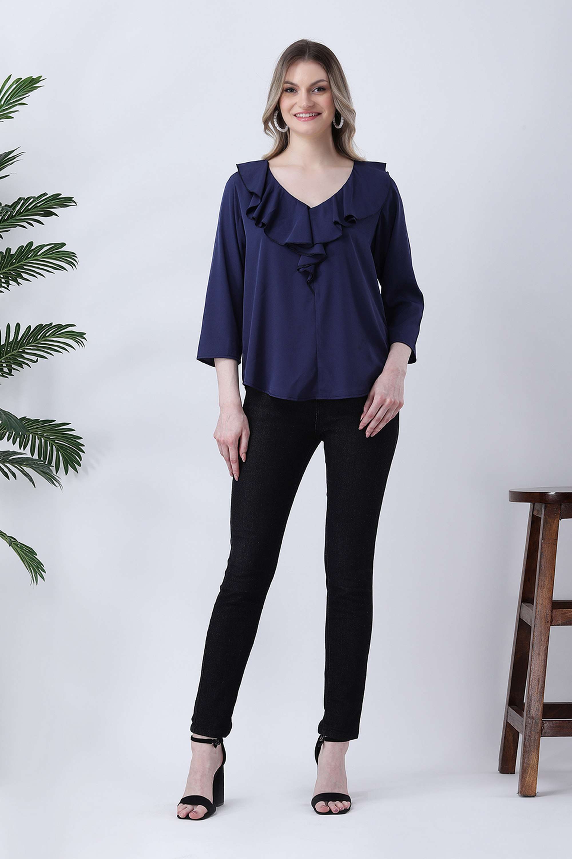 qurvii Solid Crepe V-Neck Women Top-picture-31