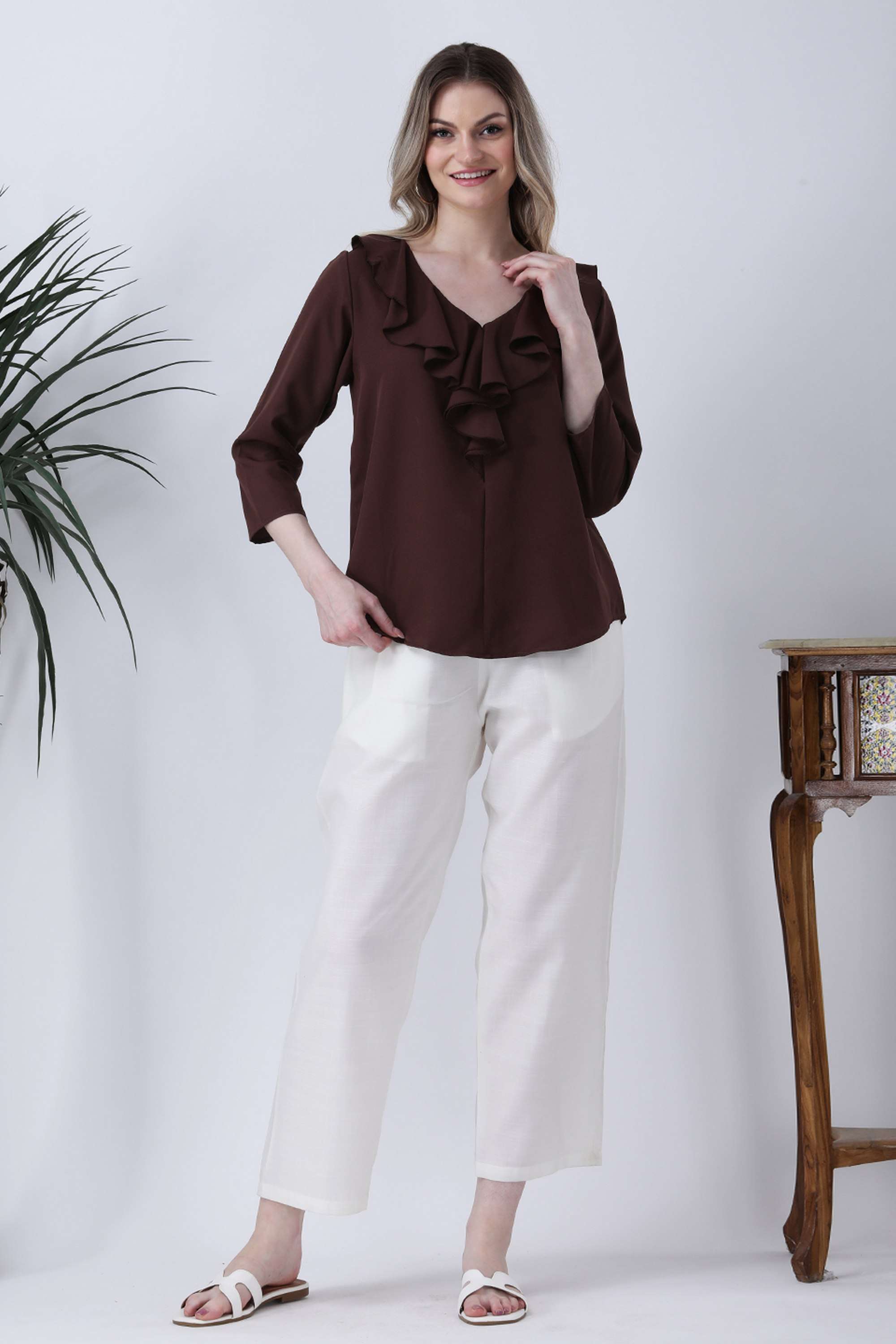 qurvii Solid Crepe V-Neck Women Top-picture-23