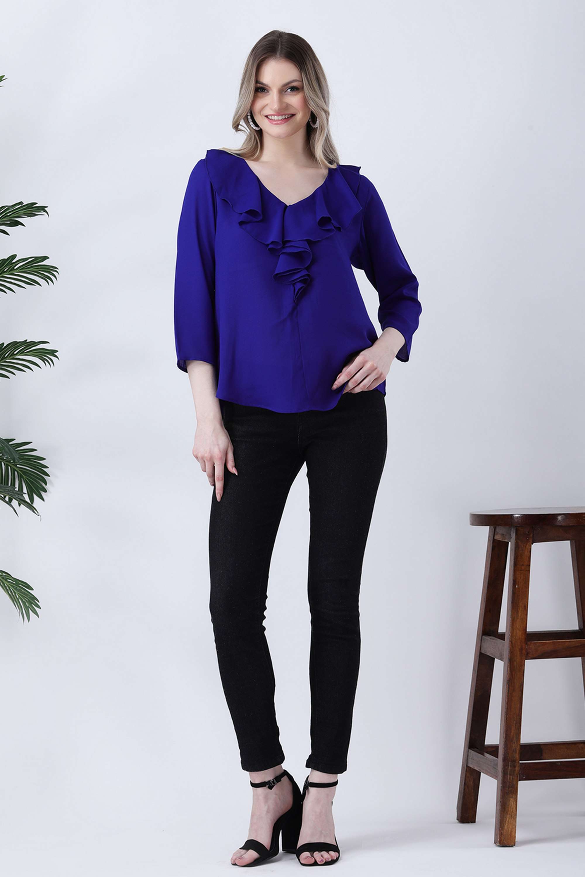 qurvii Solid Crepe V-Neck Women Top-picture-22