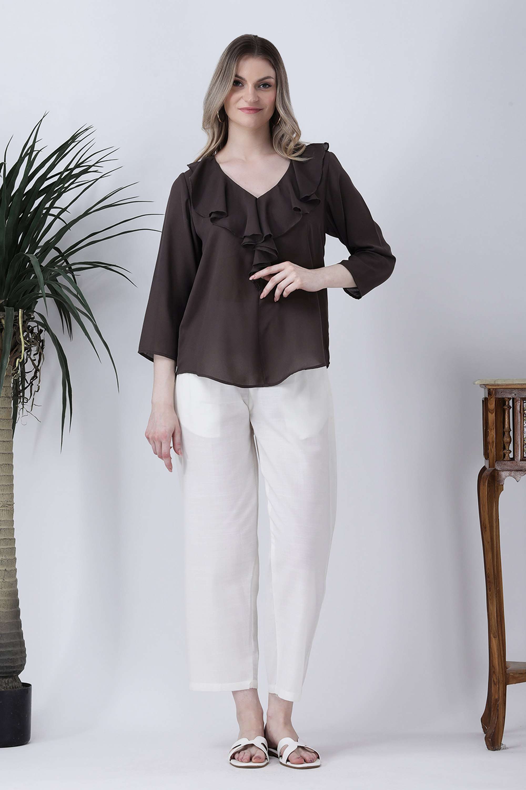 qurvii Solid Crepe V-Neck Women Top-picture-32