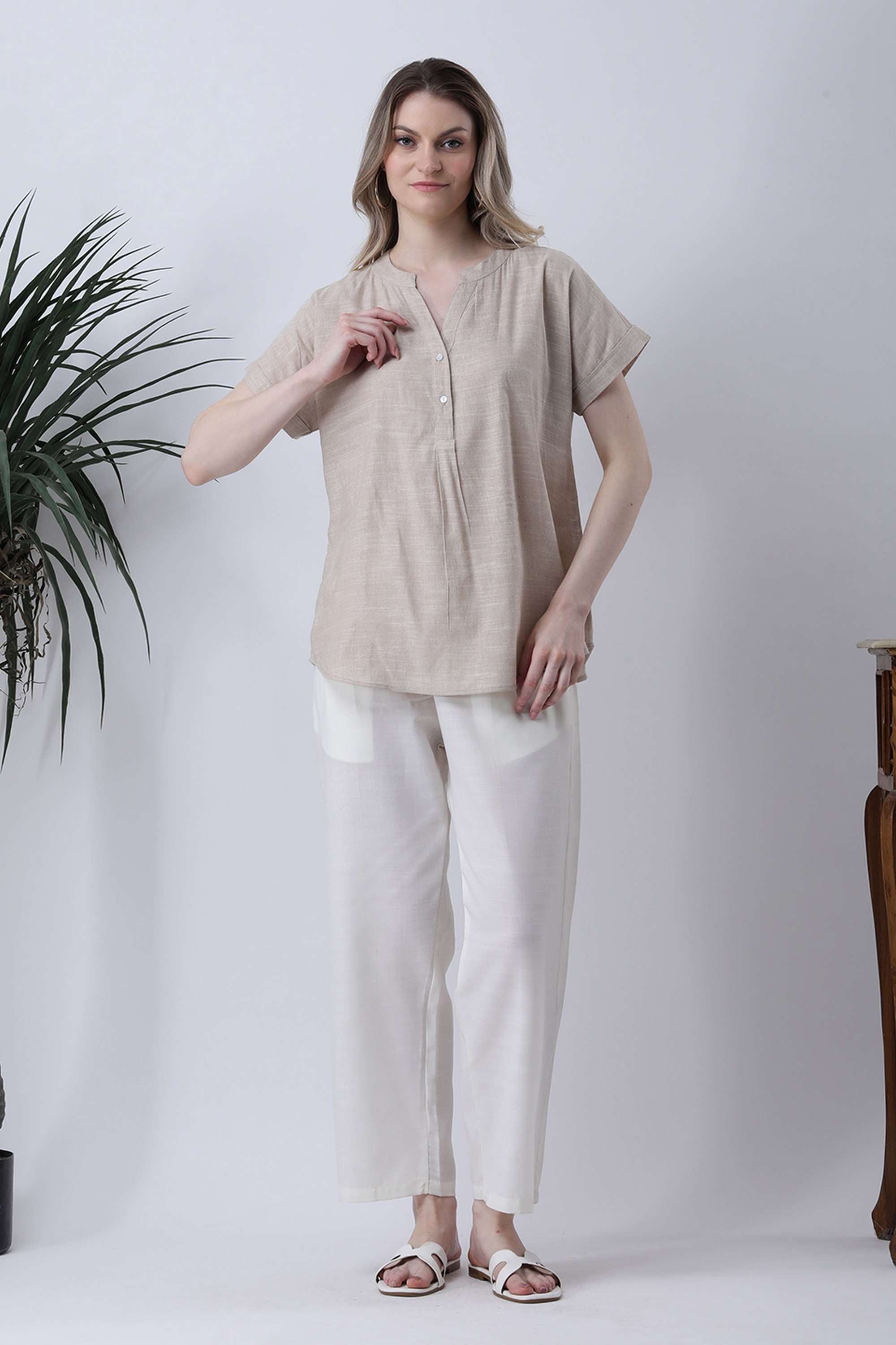 qurvii Solid Linen Collared Women Top-picture-33