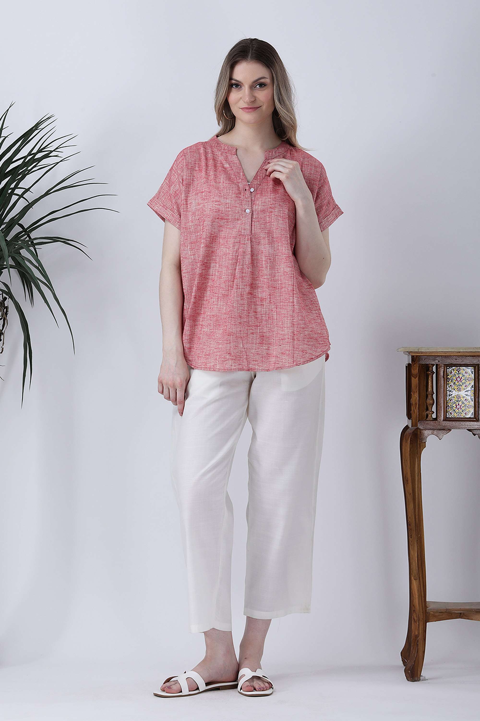 qurvii Solid Linen Collared Women Top-picture-36