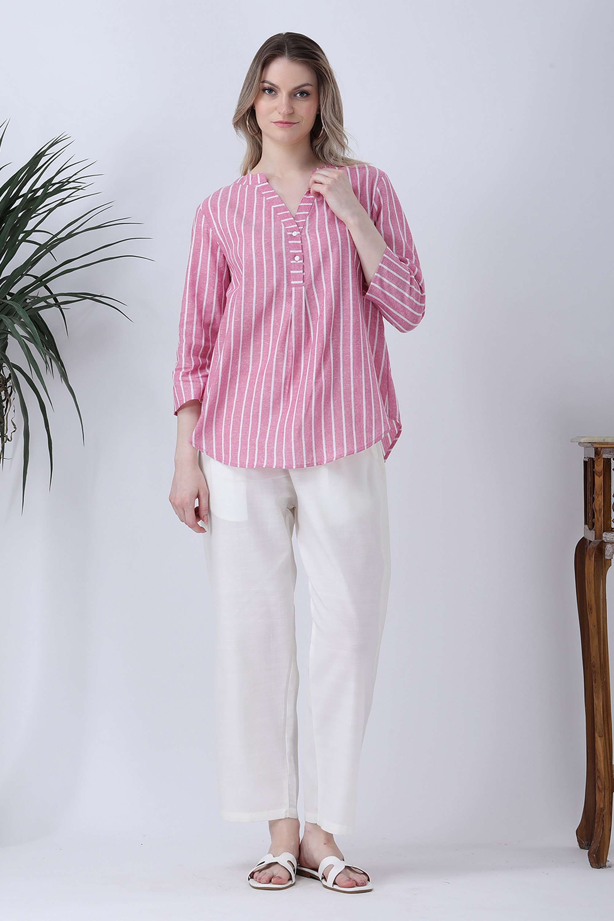 qurvii Stripes Linen Collared Women Top-picture-39