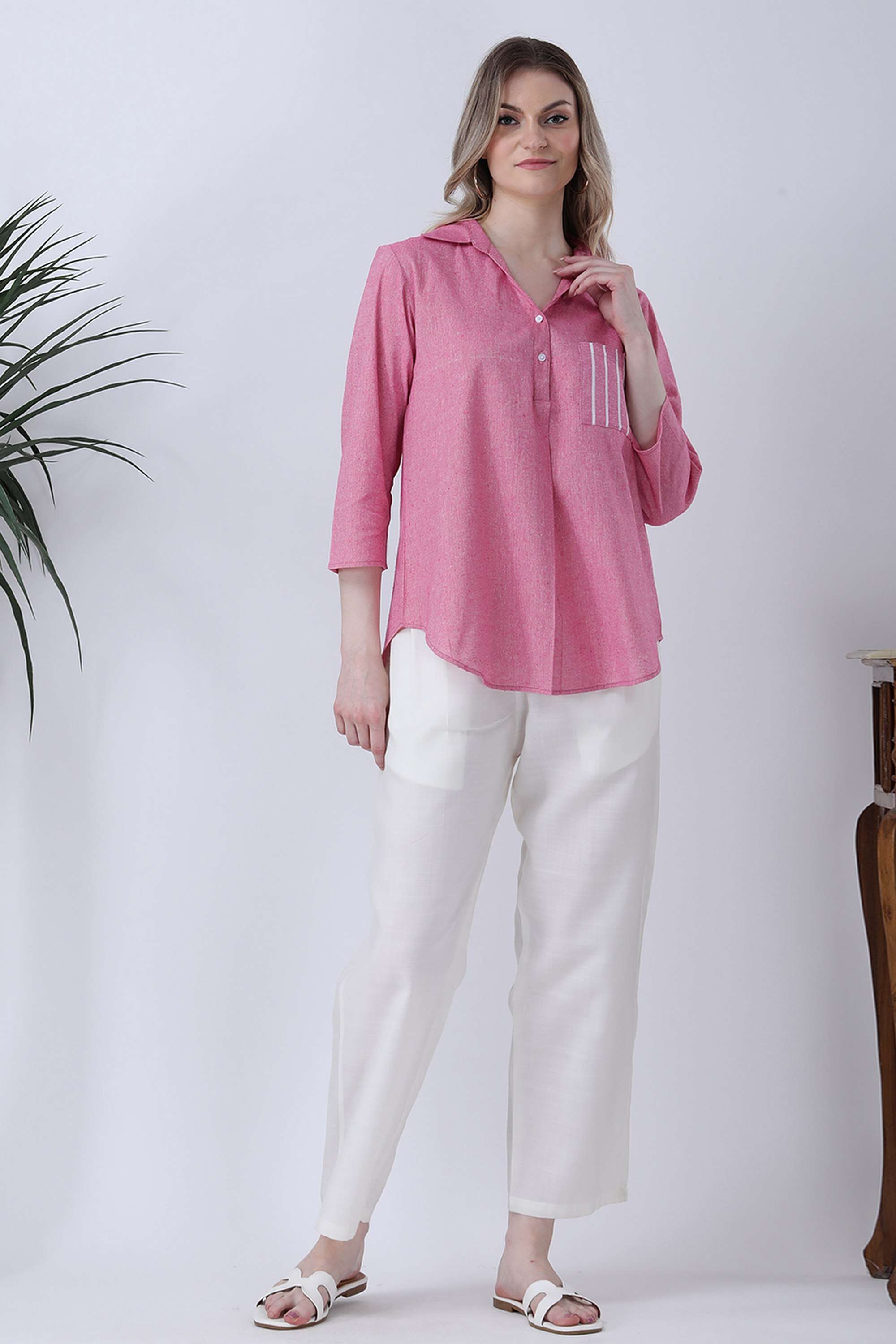 qurvii Solid Linen Collared Women Top-picture-17