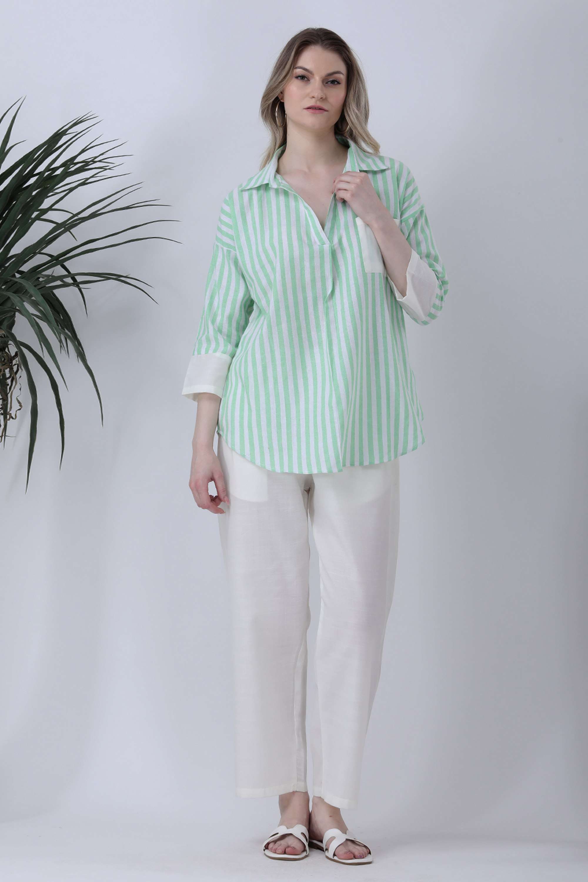 qurvii Stripes Linen Collared Women Top-picture-32