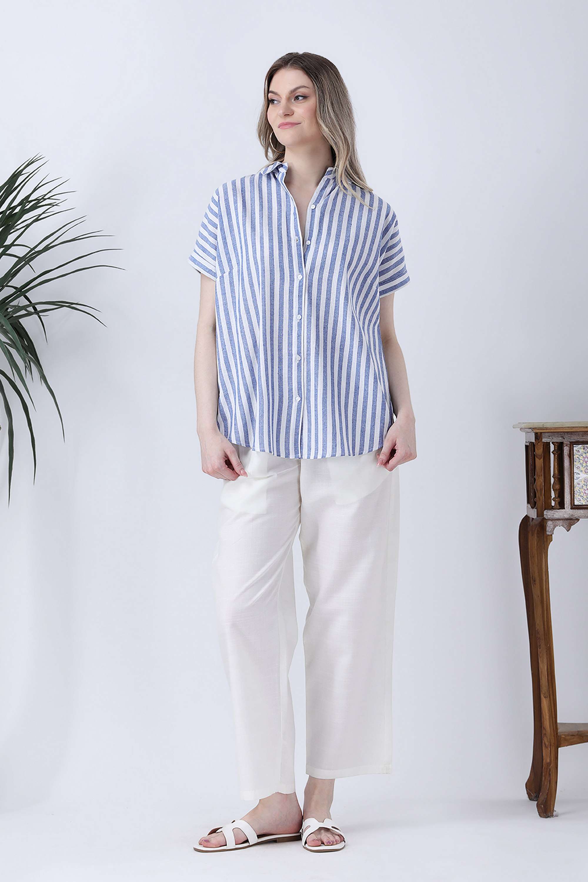qurvii Stripes Collared Linen Women Casual Wear Shirt-picture-14