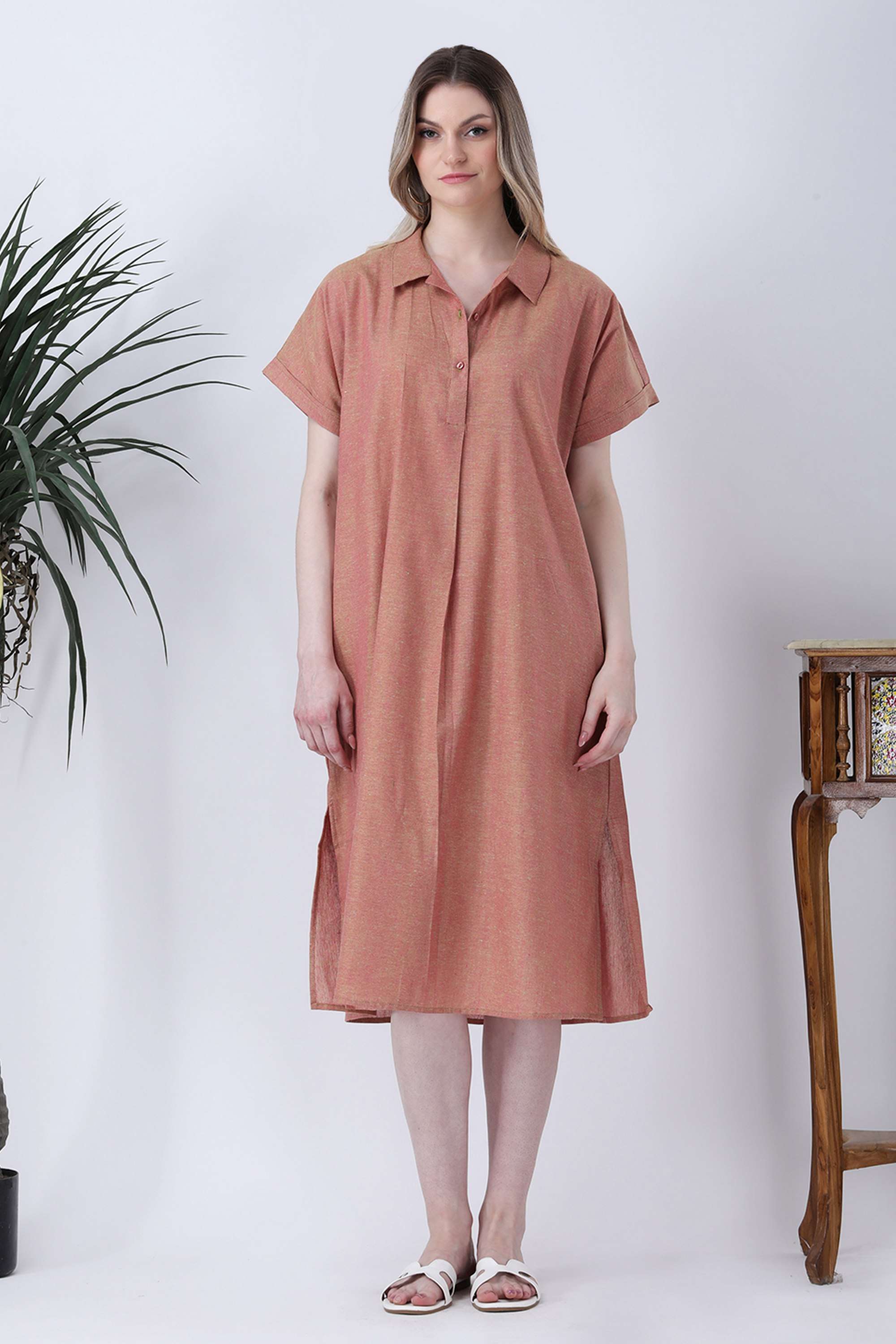qurvii Solid Collared Linen Women Dress-picture-18