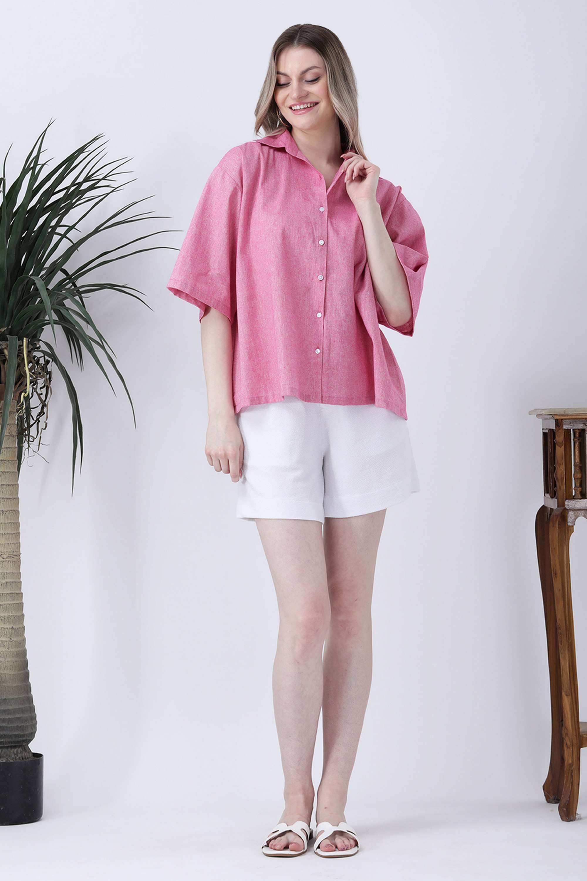 qurvii Solid Collared Linen Women Casual Wear Shirt-picture-34