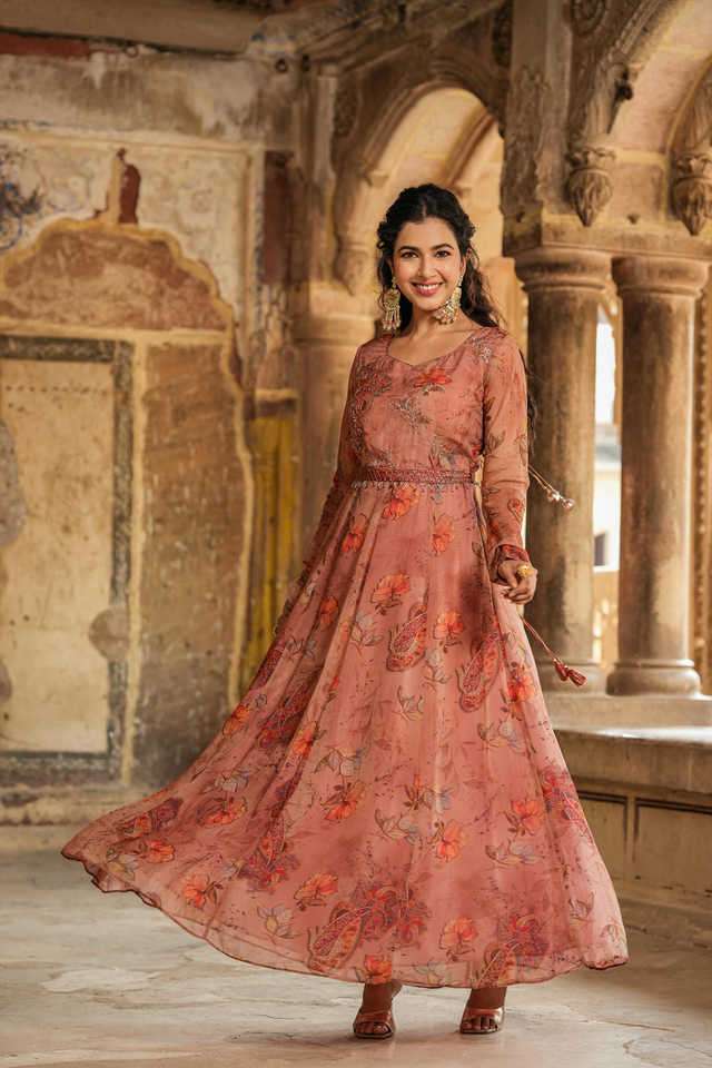 Buy Scakhi Brown Floral Sweetheart Neck Organza Women's Dress | Shoppers  Stop