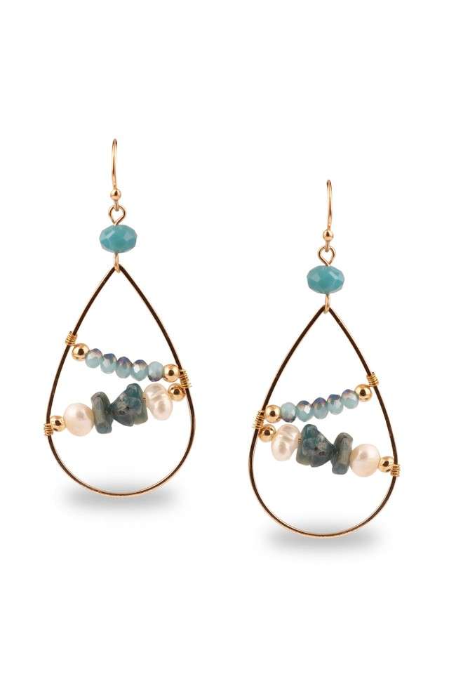 Womens-Designer-Drop-Shaped-Gold-Ring-Earring-With-Blue-N-White-Beads