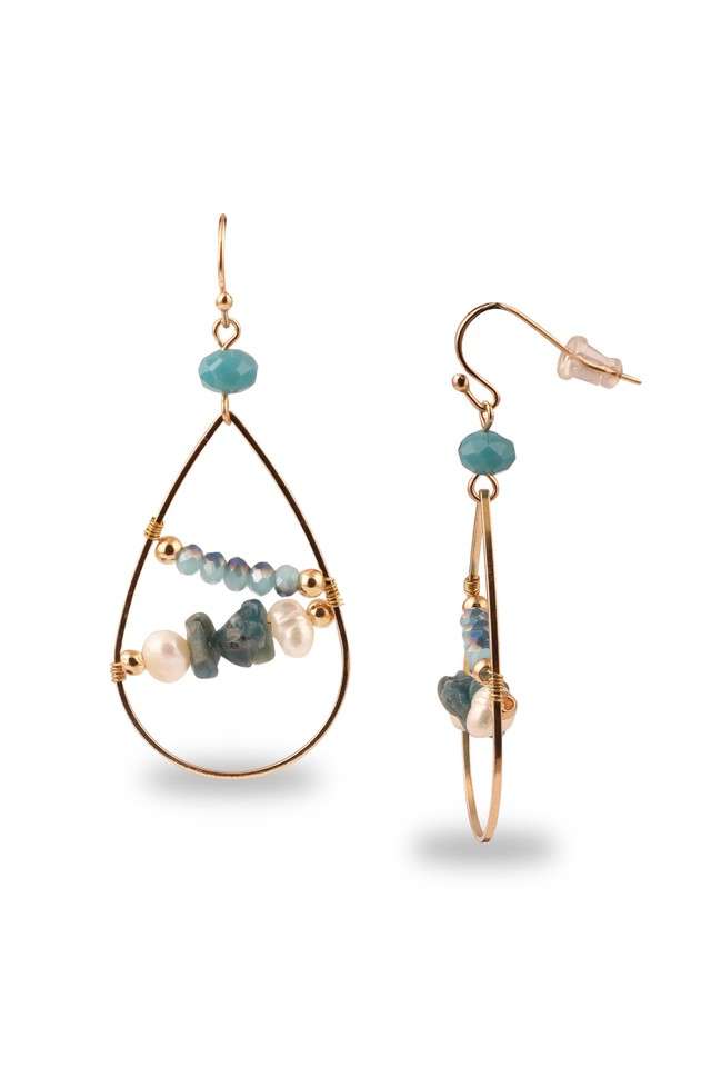 Womens-Designer-Drop-Shaped-Gold-Ring-Earring-With-Blue-N-White-Beads