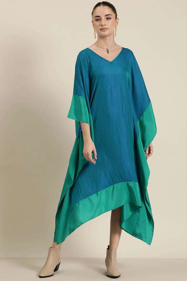 qurvii Color Block V-Neck Silk Women Kaftan Dress-picture-39