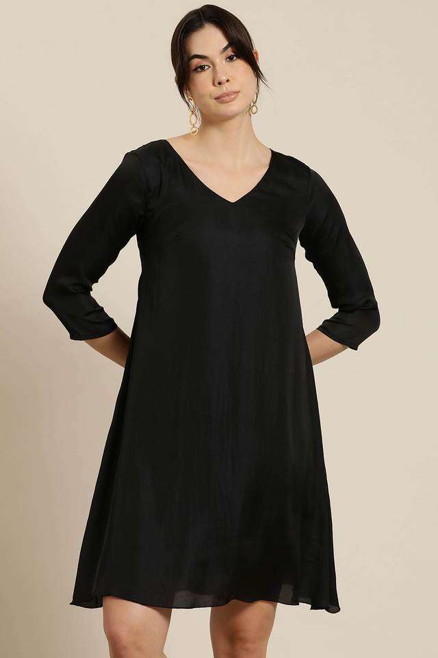 qurvii Solid V-Neck Silk Women Dress-picture-39