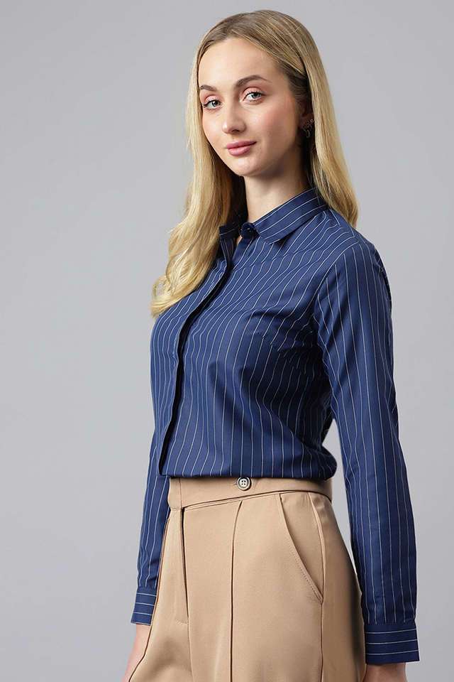Stripes Collar Neck Poly Cotton Women's Formal Wear Shirt-image-4