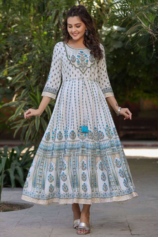 Buy Juniper Off White Blue Ethnic Motif Printed Flared Shantoon Ethnic Dress  With Beads & Sequins Work | Shoppers Stop