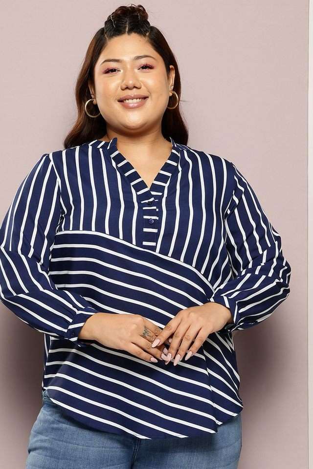 qurvii Stripes Crepe Collared Women Top-picture-31