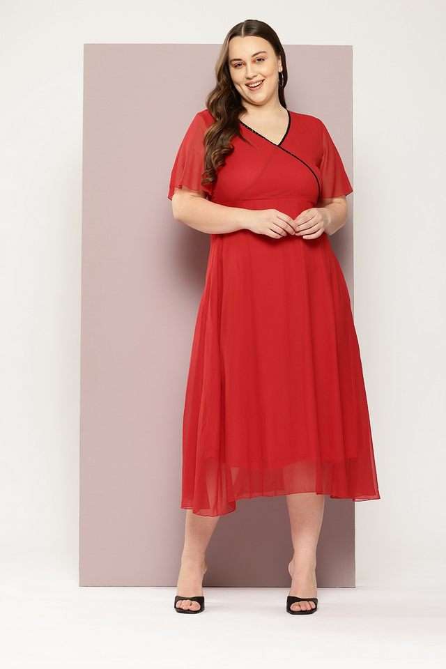 Solid V-Neck Georgette Women Dress-image-42