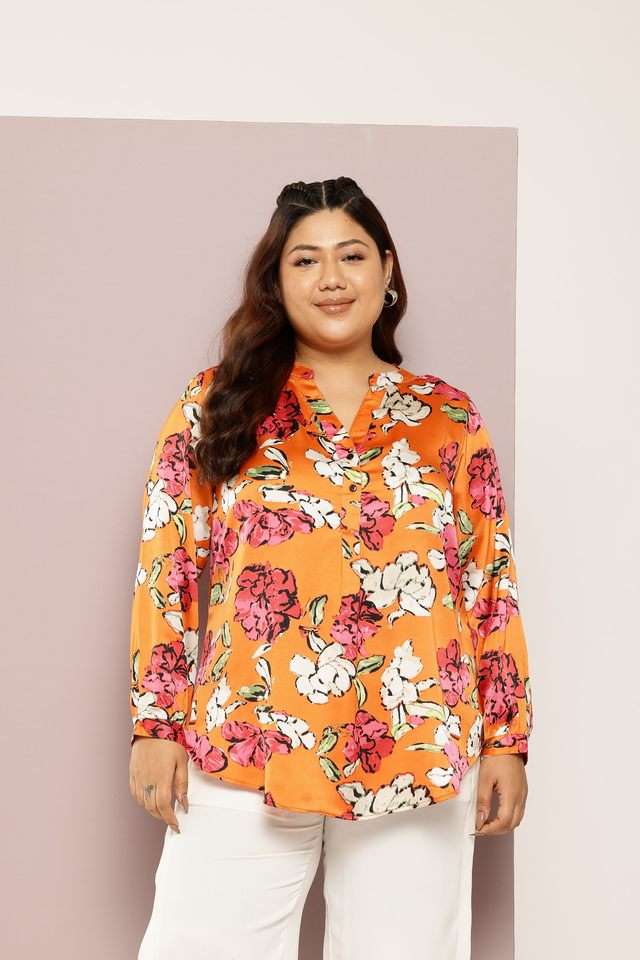 qurvii Floral Satin Collared Women Top-picture-16