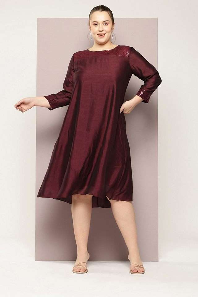 qurvii Solid Round Neck Silk Women Dress-picture-28
