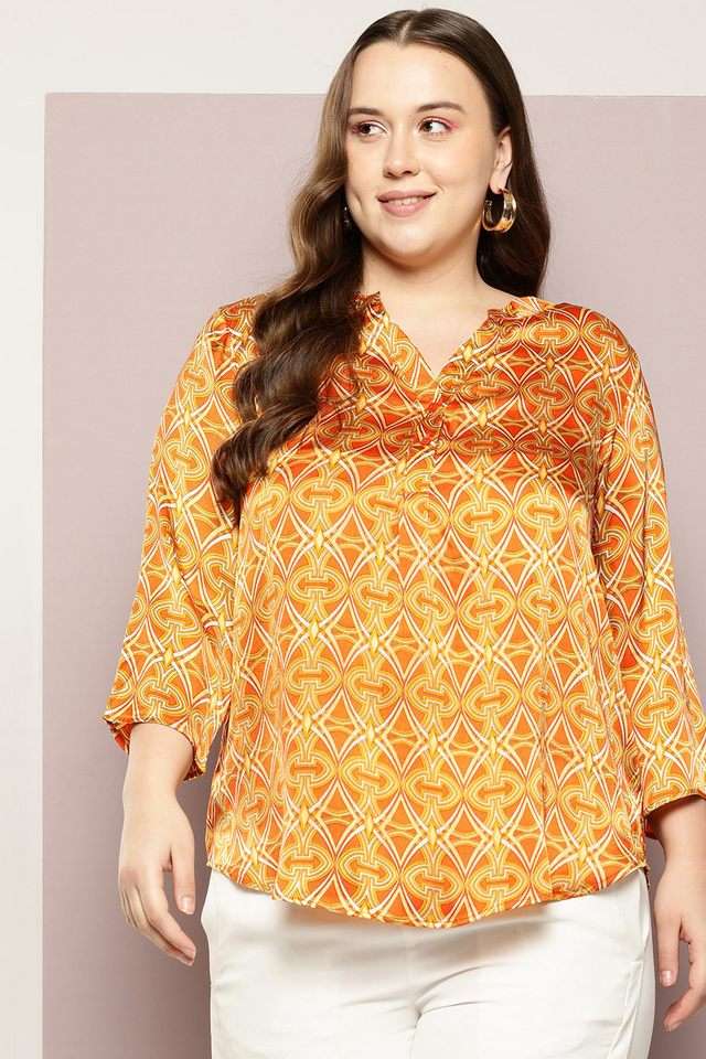 qurvii Geometric Print Satin Collared Women Top-picture-20