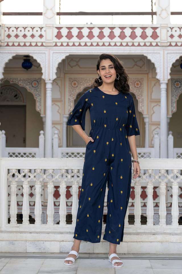 Embroidered Crepe Round Neck Women's Jumpsuit