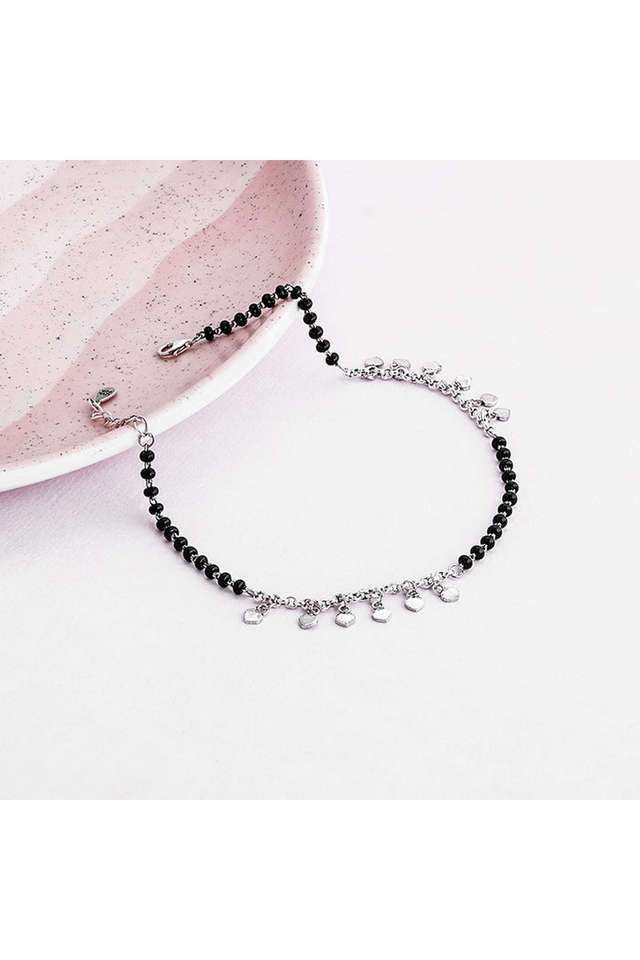 Silver-Hearts-&-Black-Beads-Anklet---Pack-Of-2