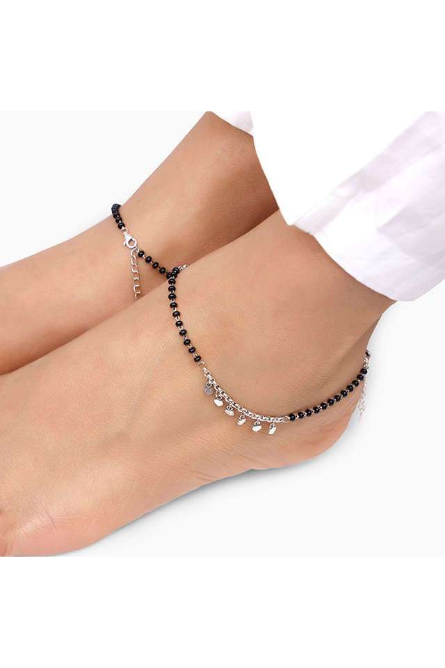 Silver-Hearts-&-Black-Beads-Anklet---Pack-Of-2