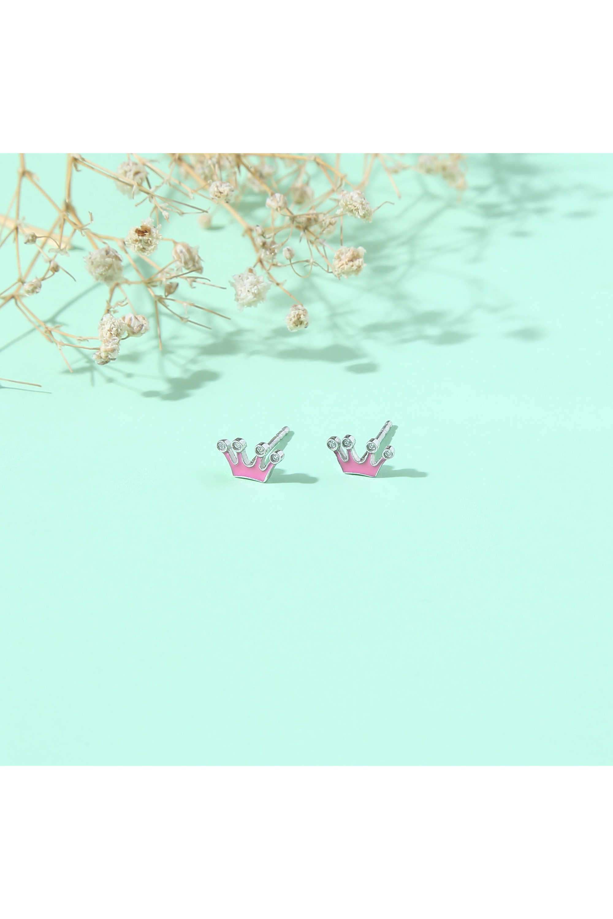 925-Silver-Hypoallergenic-Pink-Crown-Princess-Screw-Back-Earrings