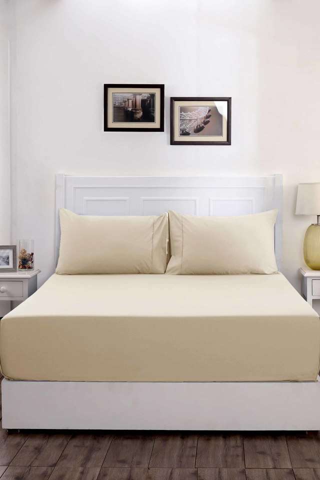 200TC-Cotton-Beige-King-Bed-Sheet-With-2-Pillow-Covers