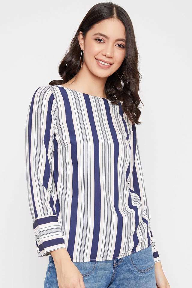 crimsoune club Stripes Cotton Blend Boat Neck Women Top-picture-32