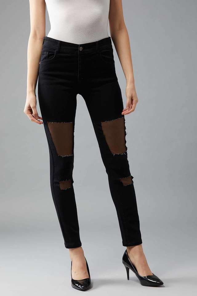 Women's Regular Fit Haters Regret Sheer Patch Highrise Jeans Black-image-17
