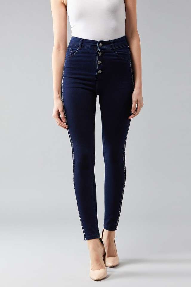 dolce crudo Women's Regular Fit Get Happier Cropped Waist Denim Pant Navy Blue-picture-40