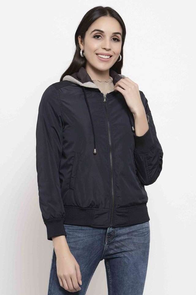 Self Design Hooded Neck Polyester Womens Casual Jacket-image-7