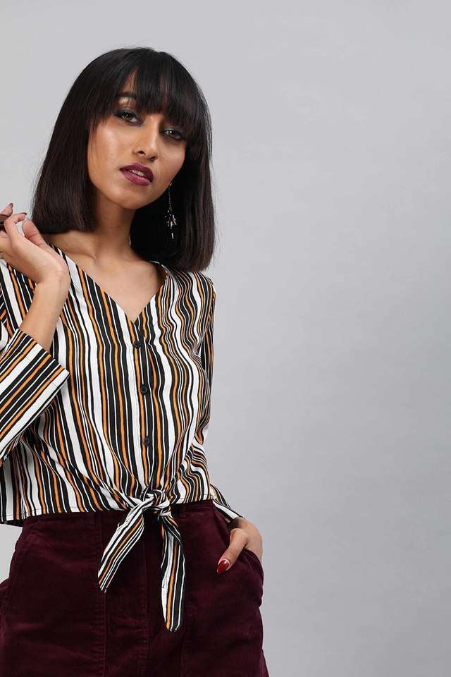 Stripes Polyester V-Neck Women Top-image-49
