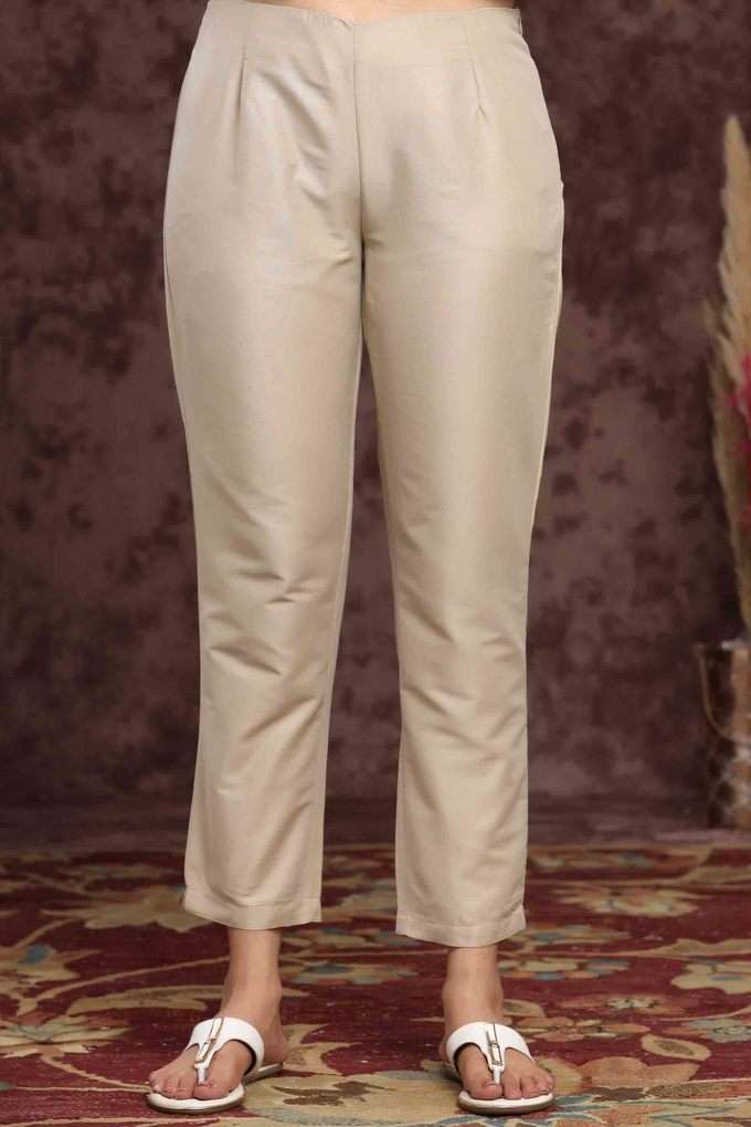 Sand Grey Solid Poly Silk Slim Fit Pants.-image-29