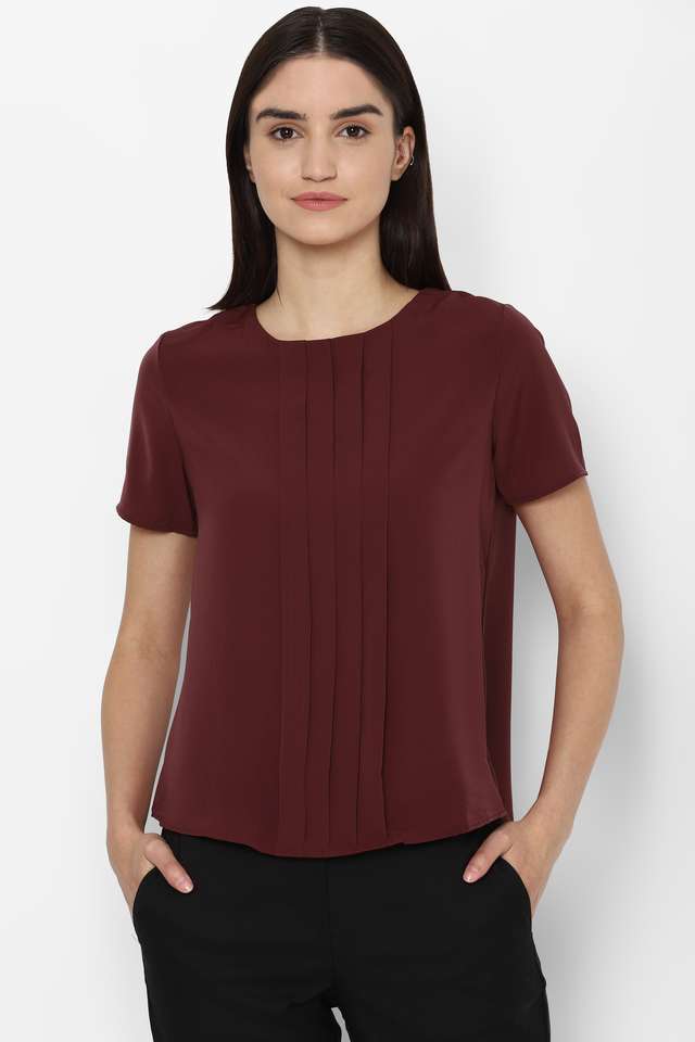 Solid-Polyester-Round-Neck-Women-Top