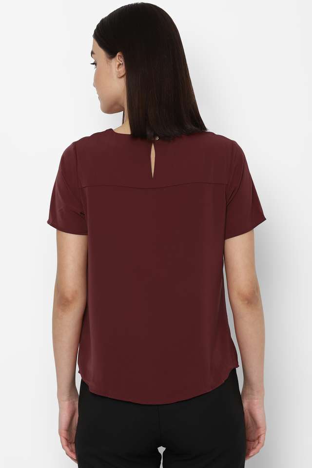 Solid-Polyester-Round-Neck-Women-Top