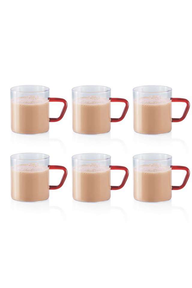 Vision-Tea-N-Coffee-Glass-Mug-Set-of-6---Microwave-Safe-Brown-Handle-190-ml